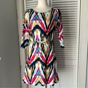 XS 🩷 Lilla P Ikat Pattern Multi Colored Rope Drawstring Drop Waist Jersey Dress
